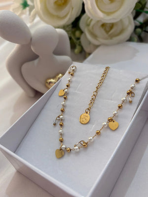 Collana con Perle e Cuoricini Oro in Acciaio Inossidabile - Regolabile