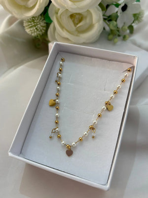 Collana con Perle e Cuoricini Oro in Acciaio Inossidabile - Regolabile