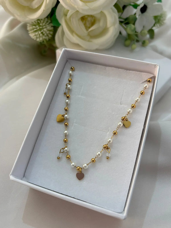 Collana con Perle e Cuoricini Oro in Acciaio Inossidabile - Regolabile