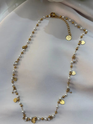 Collana con Perle e Cuoricini Oro in Acciaio Inossidabile - Regolabile