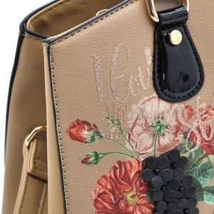 Borsa donna Valentini Gino beige con fiori e scritta LOVE – Borsa a mano e tracolla elegante