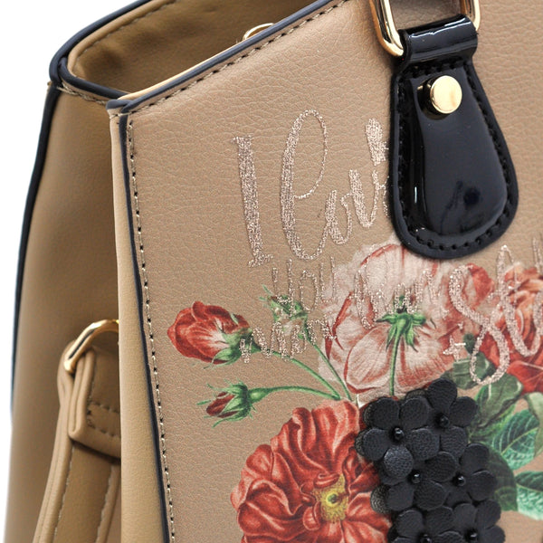 Borsa donna Valentini Gino beige con fiori e scritta LOVE – Borsa a mano e tracolla elegante