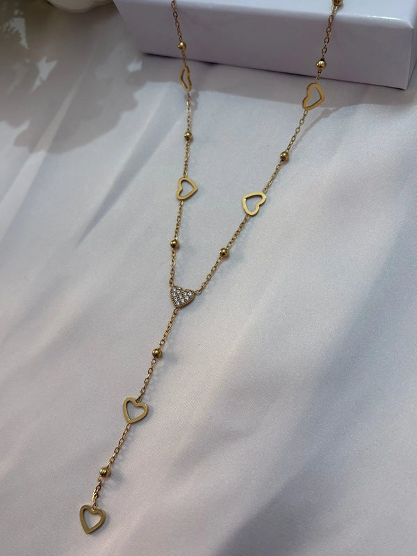 Collana a Y con Cuoricini in Acciaio Oro - Girocollo Lariat Regolabile