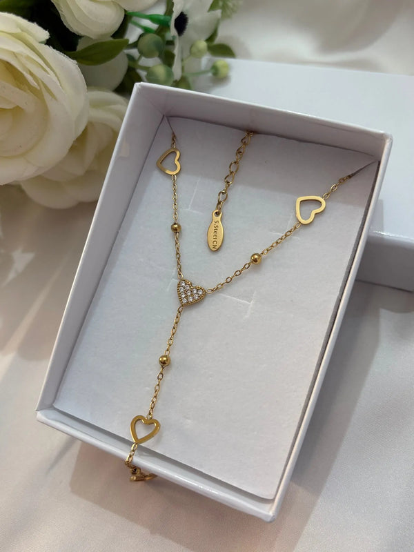 Collana a Y con Cuoricini in Acciaio Oro - Girocollo Lariat Regolabile