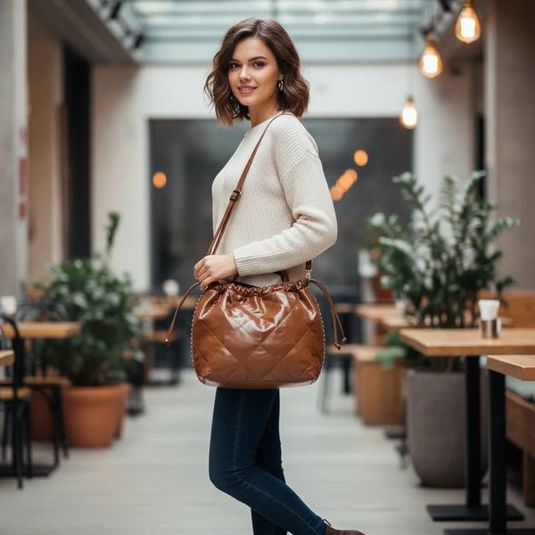 Borsa a 2in1 shopping sacco firmata COCONUDA donna spalla a tracolla simil pelle trapuntata riccio laccio