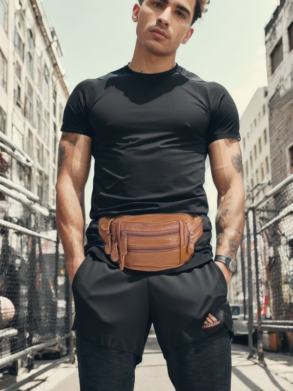 Marsupio a vita / mono spalla vera pelle 6 tasche con zip cintura regolabile