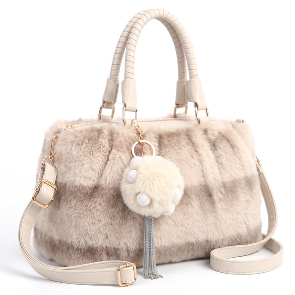 Bauletto in pelliccia sintetica 855, colore beige a righe, vista su sfondo bianco