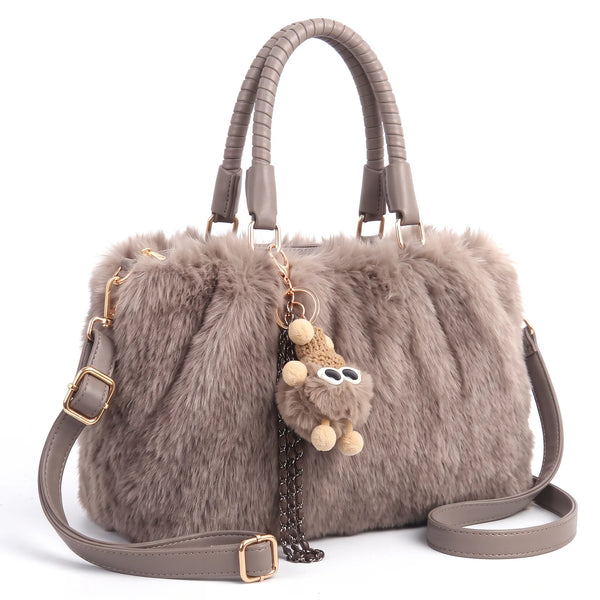 Bauletto in pelliccia sintetica 855, colore grigio, vista su sfondo bianco