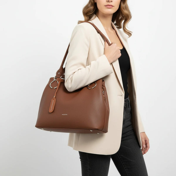 Borsa shopping firmata Valentini a spalla bauletto tracolla casual simil pelle venata multi tasche