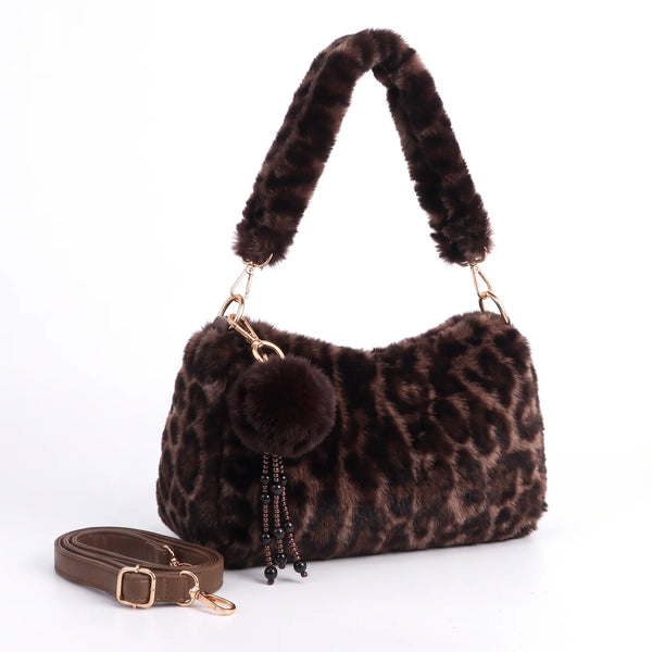 Borsa leopardata in pelliccia sintetica 9178, colore caffè, vista su sfondo bianco