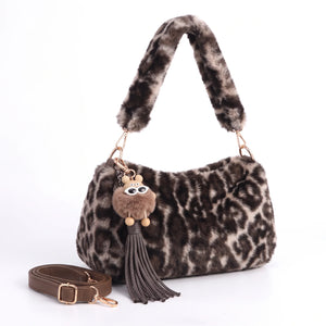 Borsa leopardata in pelliccia sintetica 9178, colore grigio, vista su sfondo bianco