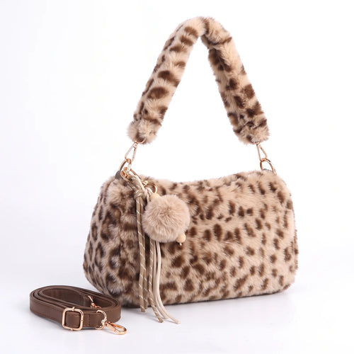 Borsa leopardata in pelliccia sintetica 9178, colore sabbia, vista su sfondo bianco