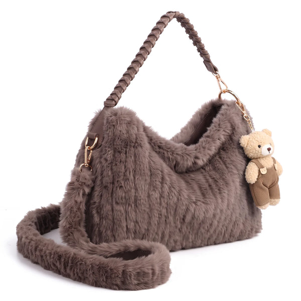 Borsa hobo in ecopelliccia 9756, colore grigio, vista su sfondo bianco
