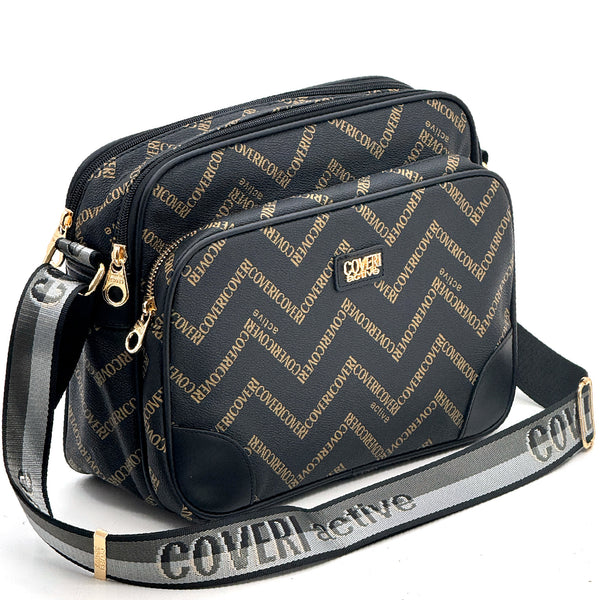 Borsa tracolla firmata COVERI ACTIVE in simil pelle pregiata tasche con cerniera fantasia logata originale toppe
