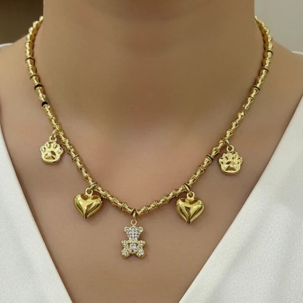 Collana Charm con Orsetto Brillante e Cuori acciaio inossidabile Finitura Oro Giallo - Regolabile