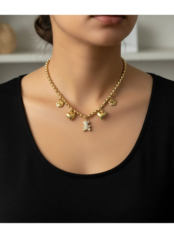Collana Charm con Orsetto Brillante e Cuori acciaio inossidabile Finitura Oro Giallo - Regolabile