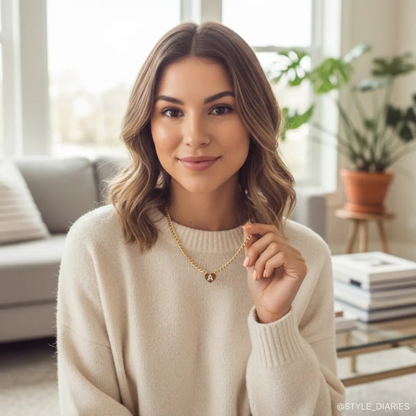 Collana Grumetta con Cuore e Iniziale Brillante Oro e Argento Regolabile (A-Z) acciaio inossidabile