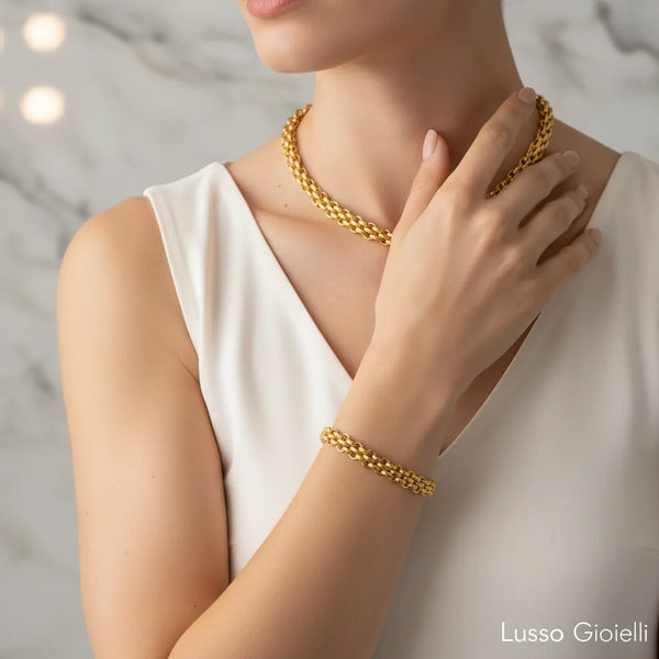 Collana Maya a Catena Intrecciata Finitura Oro Giallo - Design Spesso ed Elegante - placcatura in oro