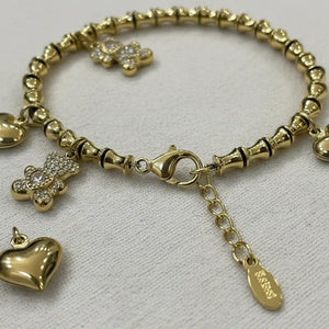 Bracciale Charm con Orsetto Brillante e Cuori acciaio inossidabile Finitura Oro Giallo - Regolabile