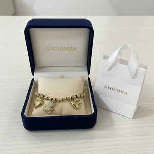 Bracciale Charm con Orsetto Brillante e Cuori acciaio inossidabile Finitura Oro Giallo - Regolabile