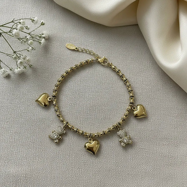 Bracciale Charm con Orsetto Brillante e Cuori acciaio inossidabile Finitura Oro Giallo - Regolabile