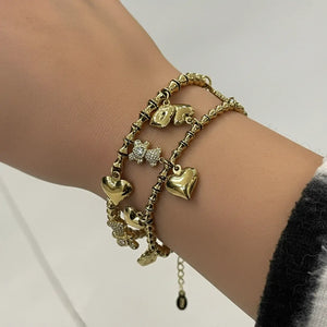 Bracciale Charm con Orsetto Brillante e Cuori acciaio inossidabile Finitura Oro Giallo - Regolabile