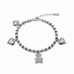 Bracciale Charm con Orsetto Brillante e Cuori acciaio inossidabile Finitura Oro Giallo - Regolabile