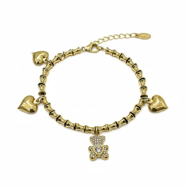 Bracciale Charm con Orsetto Brillante e Cuori acciaio inossidabile Finitura Oro Giallo - Regolabile