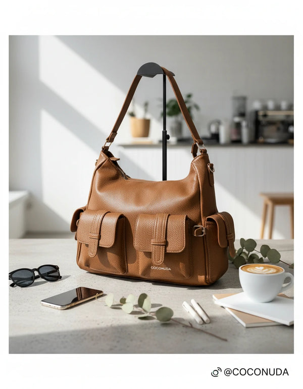 Borsa a sacco multi tasche firmato COCONUDA Colletion donna spalla a tracolla simil pelle