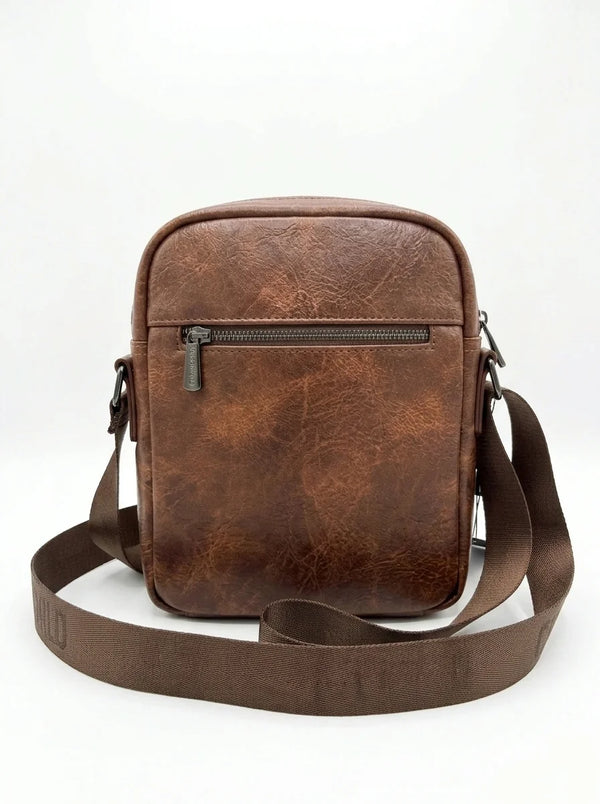 Borsello uomo a tracolla con zip frontale, colore marrone, vista del retro