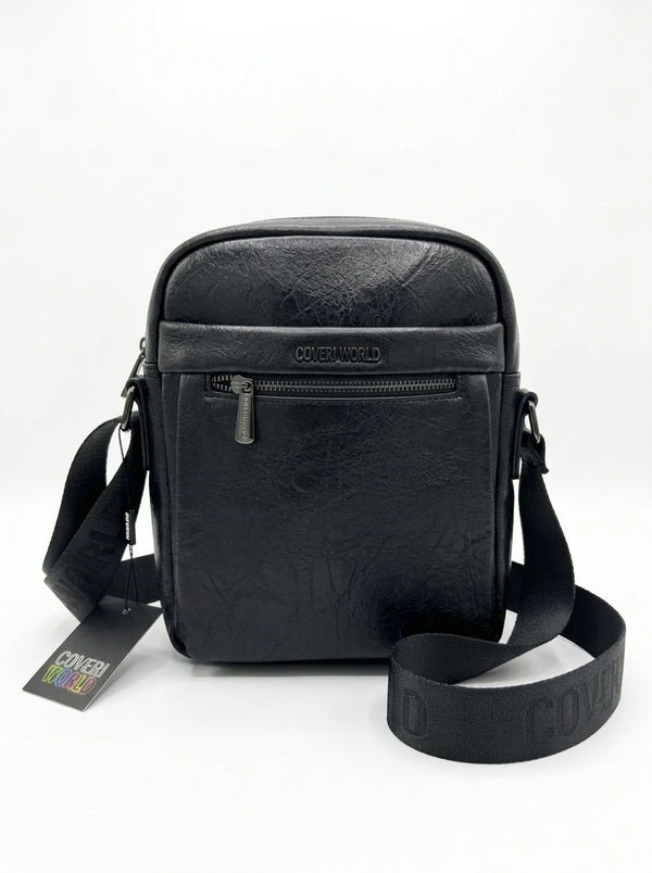 Borsello uomo a tracolla con zip frontale, colore nero, vista principale su sfondo bianco