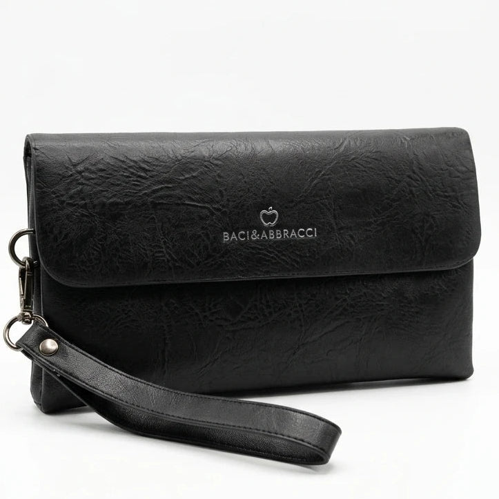 Pochette uomo nera con laccetto, colore nero, vista principale su sfondo bianco