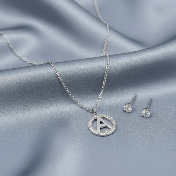 Set Parure Collana con Iniziale e Orecchini Punto Luce Acciaio Inossidabile - Regolabile (A-Z)