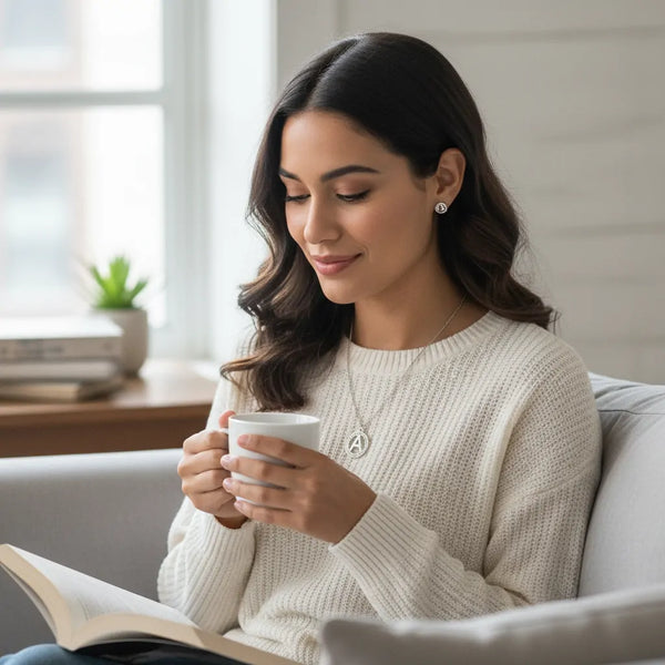 Set Parure Collana con Iniziale e Orecchini Punto Luce Acciaio Inossidabile - Regolabile (A-Z)