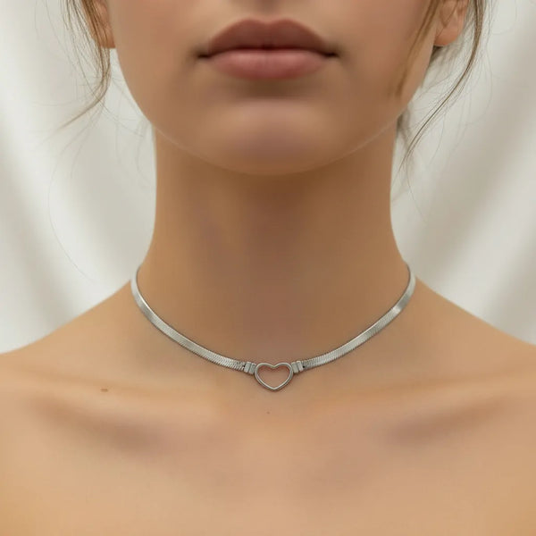 Collana Choker Cuore in Acciaio Inossidabile - Maglia Piatta Oro e Argento