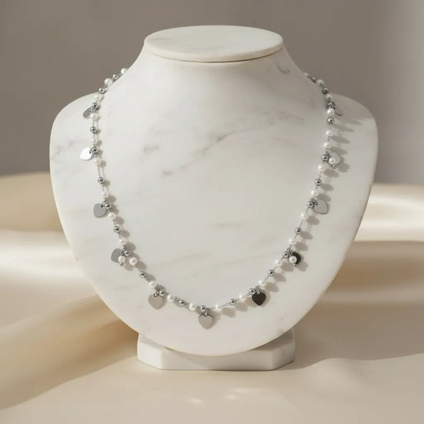 Collana con Perle e Cuoricini Oro in Acciaio Inossidabile - Regolabile