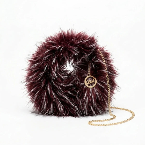 Borsa ad anello effetto pelliccia con catena dorata, bordeaux