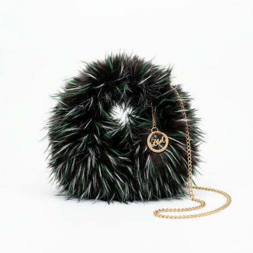 Borsa ad anello effetto pelliccia con catena dorata, verde smeraldo sfumato