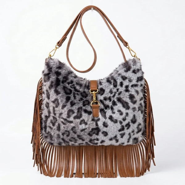 Borsa hobo animalier con frange e tracolla, leopardato grigio