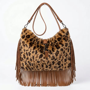 Borsa hobo animalier con frange e tracolla, leopardato miele