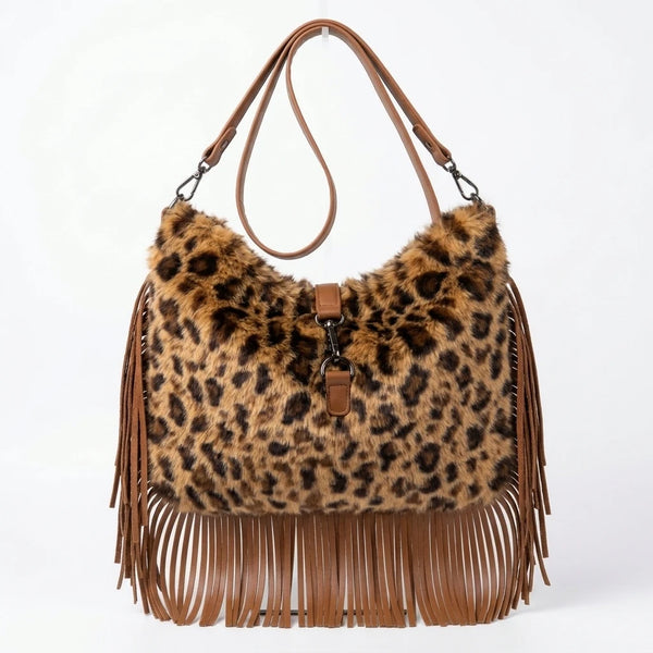 Borsa hobo animalier con frange e tracolla, leopardato miele