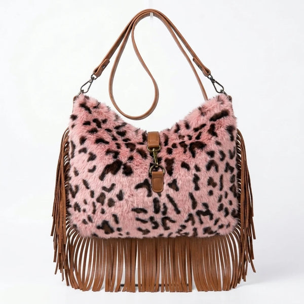 Borsa hobo animalier con frange e tracolla, leopardato rosa