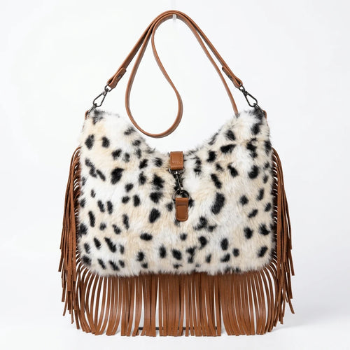 Borsa hobo animalier con frange e tracolla, maculato avorio