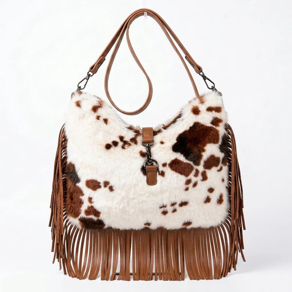 Borsa hobo animalier con frange e tracolla, pezzato bianco e marrone