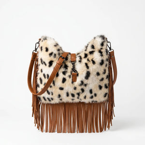 Borsa hobo maculata avorio con frange e manico, vista alternativa