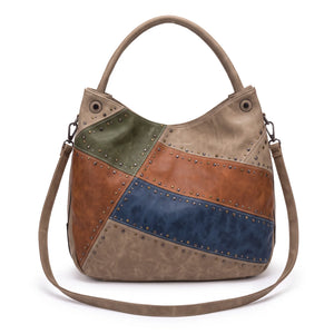 Borsa hobo patchwork multicolore 9440-107, Khaki multicolore, vista su sfondo bianco