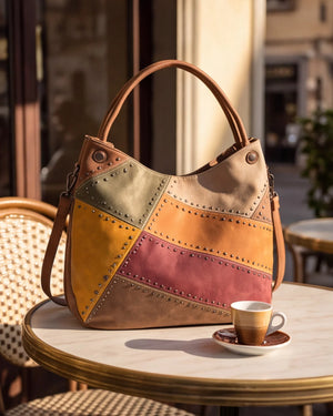 Borsa hobo patchwork multicolore 9440-107, appoggiata sul tavolino del bar