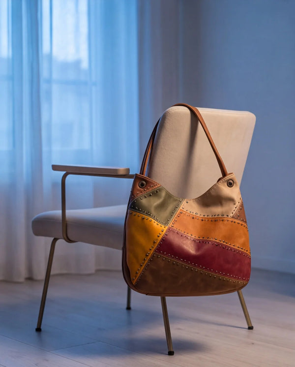 Borsa hobo patchwork multicolore 9440-107, appoggiata sulla sedia in casa