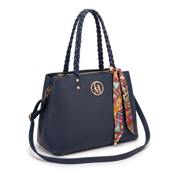 Borsa manici intrecciati e foulard 62579, blu navy, vista su sfondo bianco