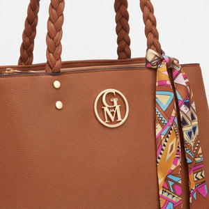 Borsa manici intrecciati e foulard 62579, cuoio, dettaglio manici intrecciati
